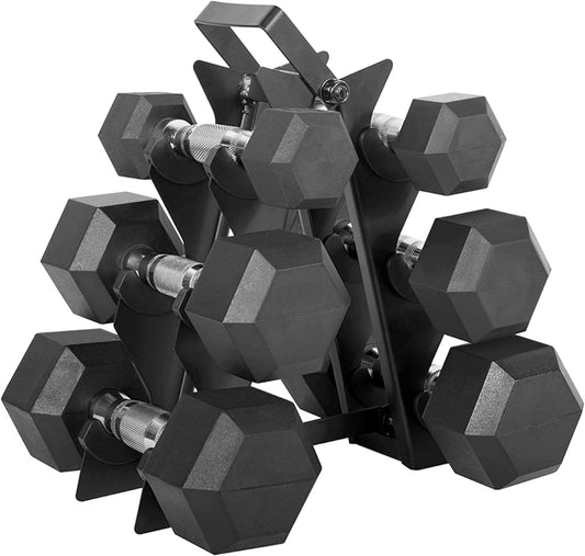 & Bodi Essentials Bundle - 100Lb Coated Hex Dumbbell Weight Set with Vertical Rack