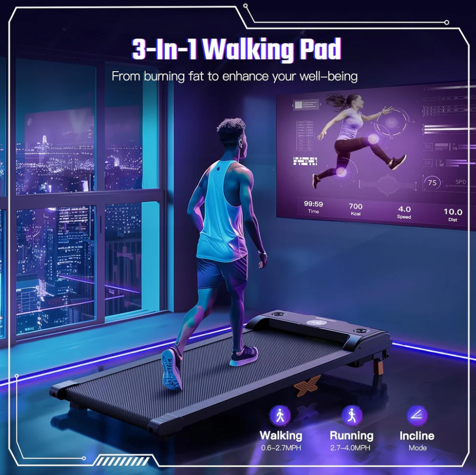 3-in-1 Walking Pad, under Desk Treadmill with Incline, Remote Control, LED Display, and Hidden Safety Switch