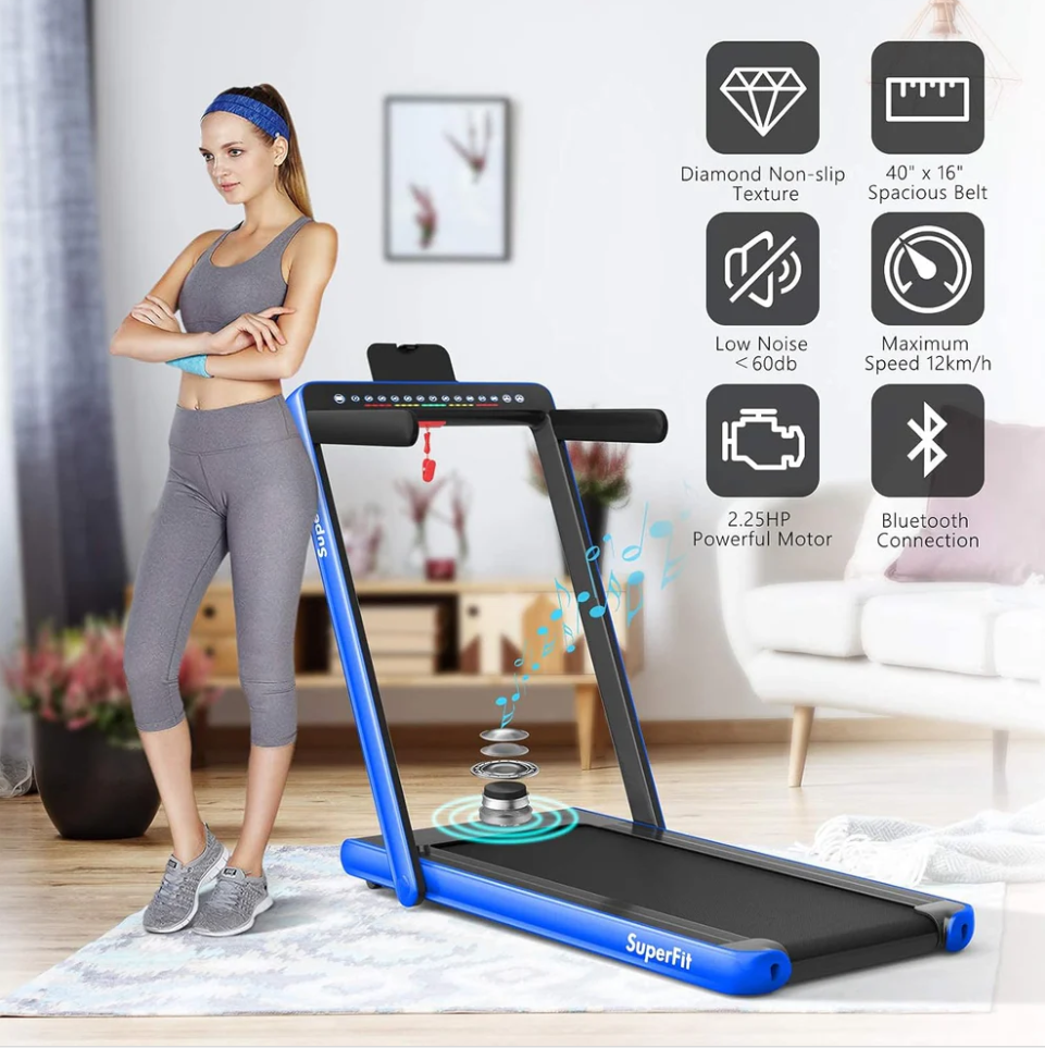 2-in-1 Folding Treadmill with Dual Display and Bluetooth Speaker, 2.25HP Installation-Free with APP and Remote Control