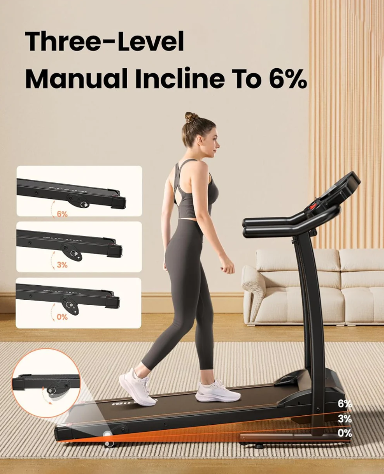 Foldable Treadmill with Incline - 3.0HP, supports 240 lbs., Features 12 Preset Programs, LED Display, Speaker, and Cup Holder