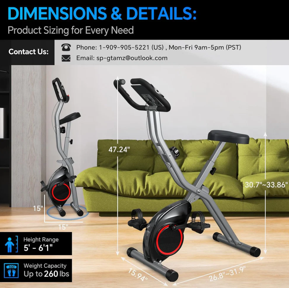 Foldable 5-in-1 Stationary Exercise Bike, Featuring 16-Level Magnetic Resistance, 6.6 LBS Flywheel, and 300 LBS Weight Capacity - 2024 Model