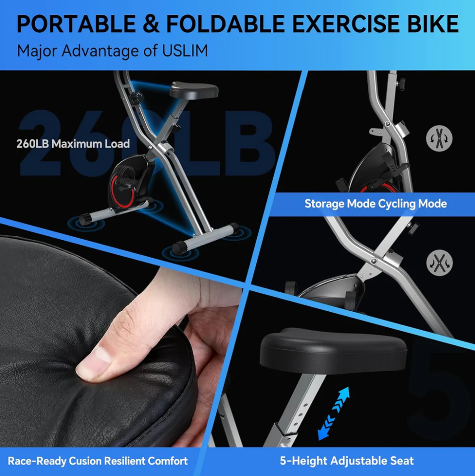 Foldable 5-in-1 Stationary Exercise Bike, Featuring 16-Level Magnetic Resistance, 6.6 LBS Flywheel, and 300 LBS Weight Capacity - 2024 Model