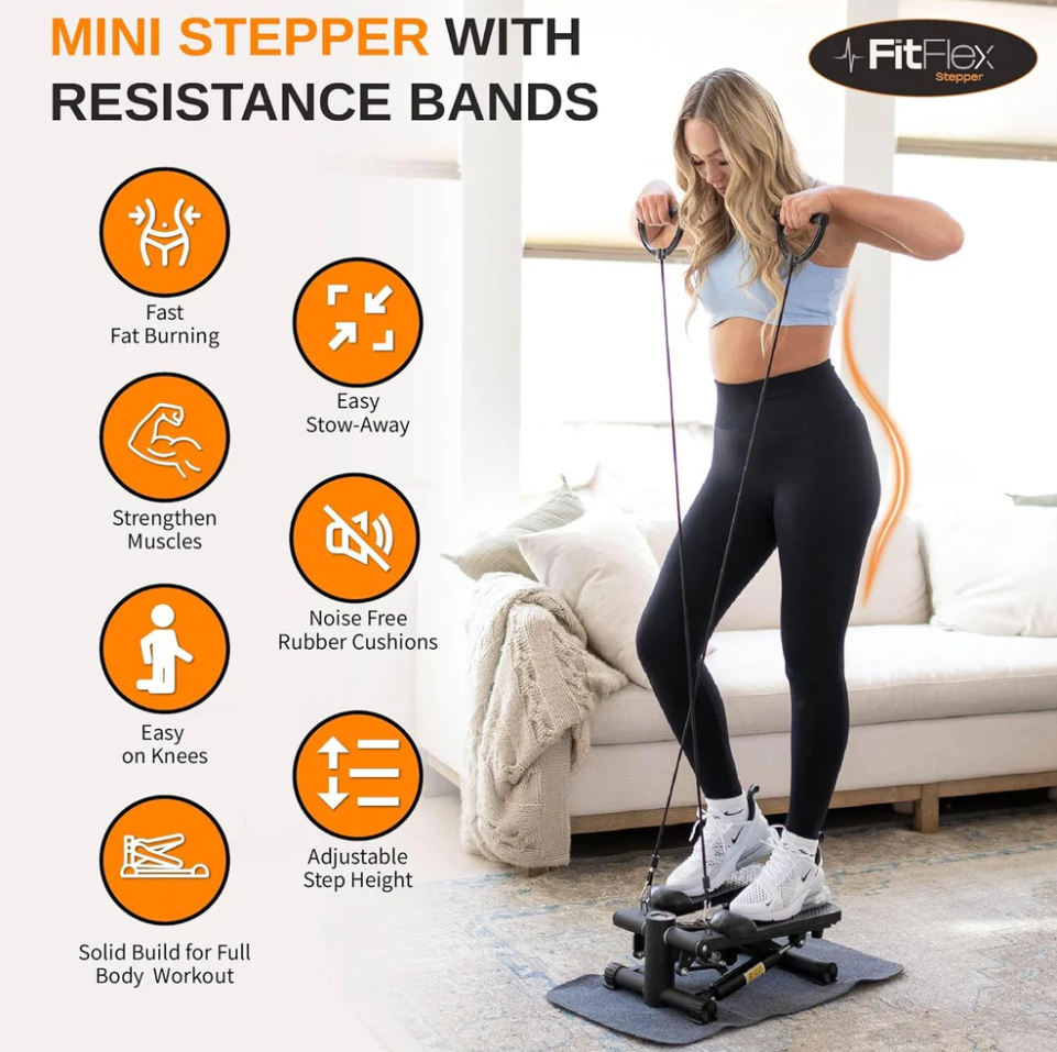 Compact Stepper with Resistance Bands - Versatile Stair Climber for Home and Office, Silent Full Body Workout Capacity 330 LBS