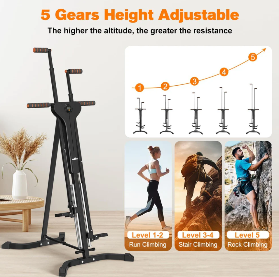 Vertical Climber Exercise Machine for Home Gym with Adjustable 5-Level Heights, Folding Design, and 4 Metal Guide Rails for Cardio Workouts