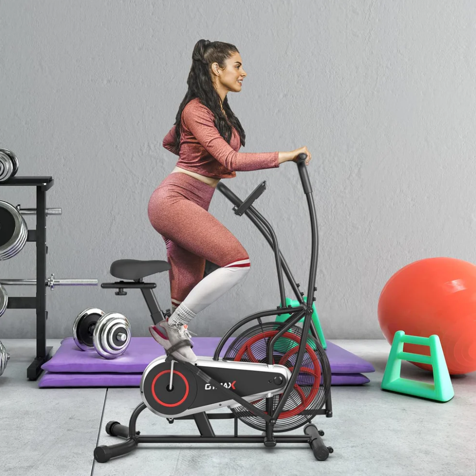 Upright Air Resistance Fan Exercise Bike with LCD Display with Phone Mount and Transport Wheels