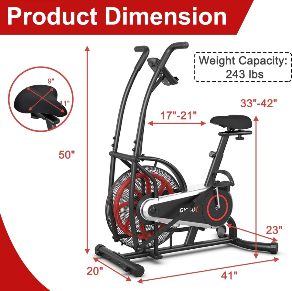 Upright Air Resistance Fan Exercise Bike with LCD Display with Phone Mount and Transport Wheels