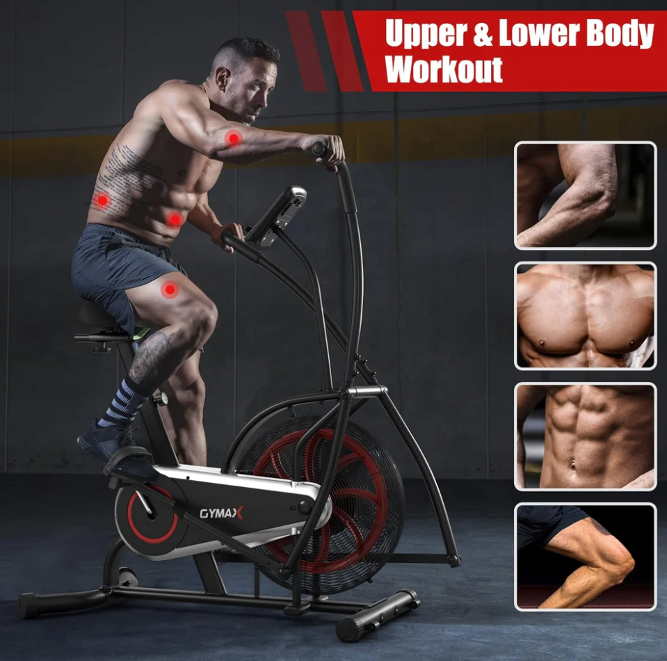 Upright Air Resistance Fan Exercise Bike with LCD Display with Phone Mount and Transport Wheels