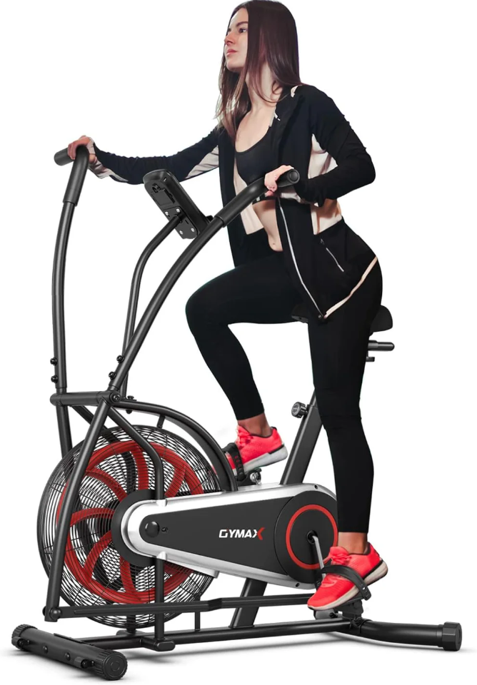 Upright Air Resistance Fan Exercise Bike with LCD Display with Phone Mount and Transport Wheels