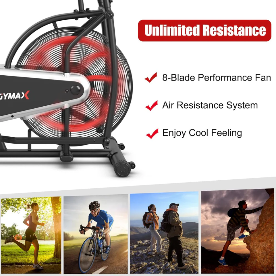 Upright Air Resistance Fan Exercise Bike with LCD Display with Phone Mount and Transport Wheels