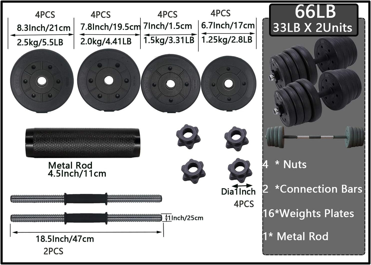 Updated Adjustable 66LB Dumbbells Weights Set with Metal Rod for Barbell,Dumbbells Barbell Set for Lifting,Bodybuilding Training & Workout, Solid Dumbbells Barbell Free Weights with Non-Slip Handles