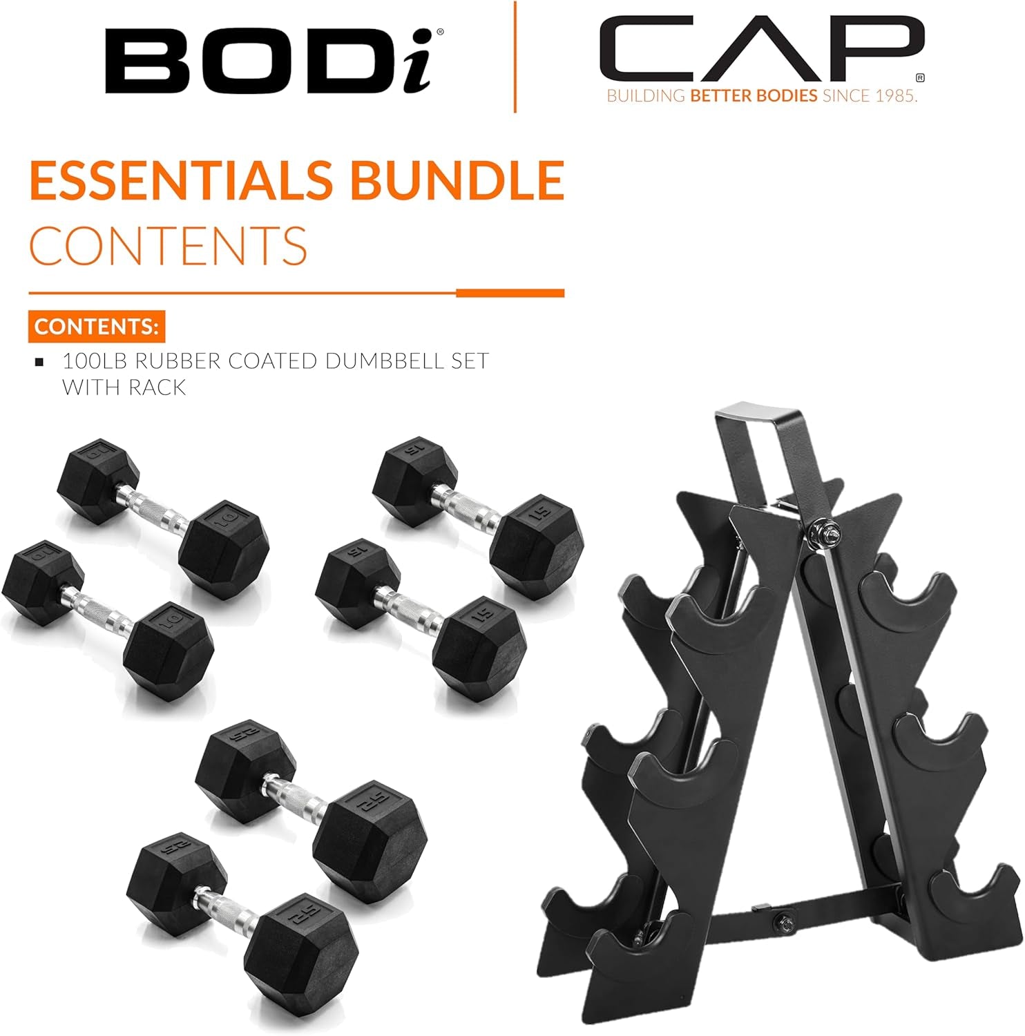 & Bodi Essentials Bundle - 100Lb Coated Hex Dumbbell Weight Set with Vertical Rack