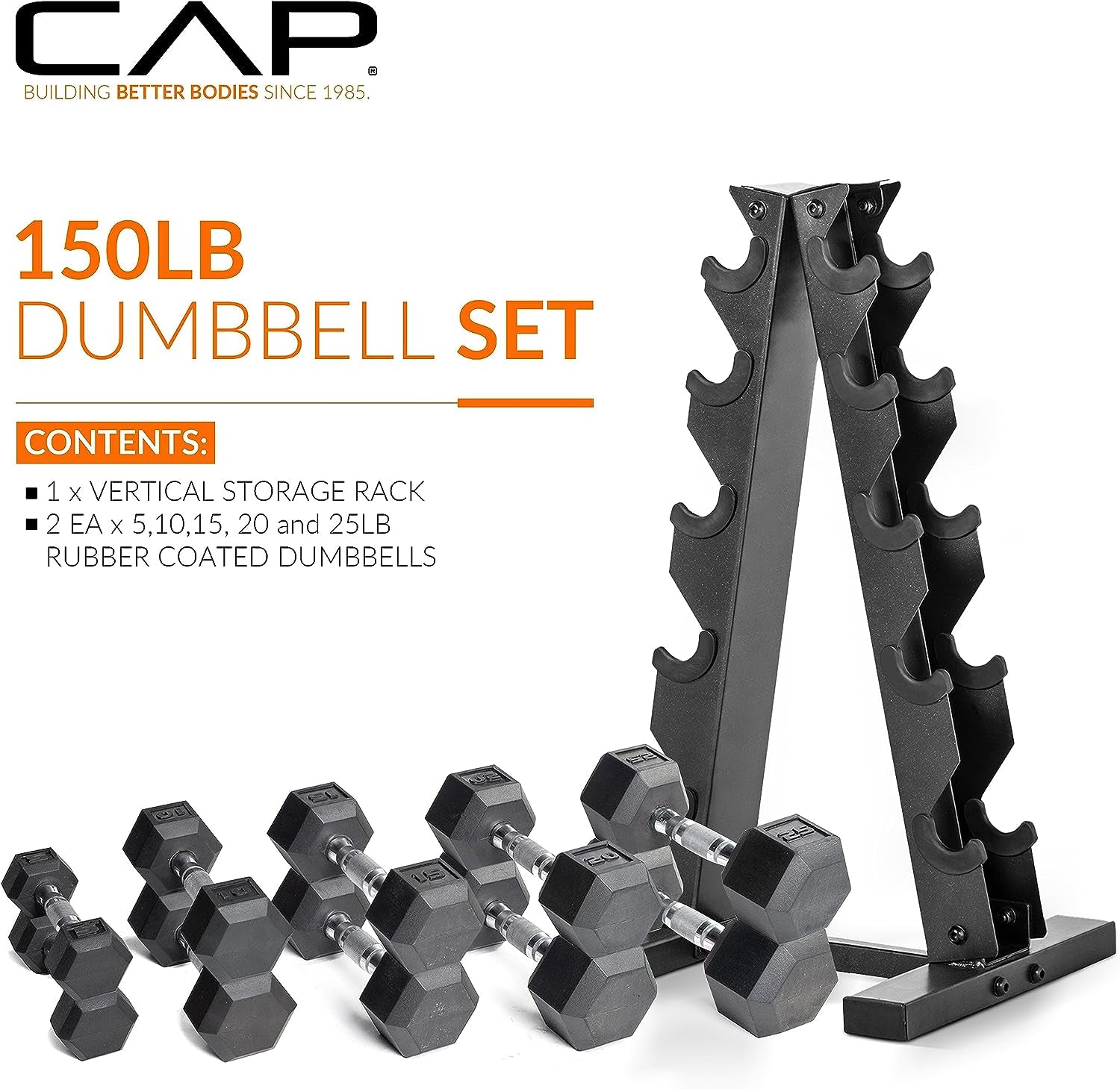 150 LB Coated Hex Dumbbell Weight Set with Vertical Rack | Multiple Colors